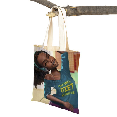 Crna ženska platnena torba za višekratnu upotrebu Modna afrička djevojka s dvostrukim printom, ležerna torba za kupnju za žene