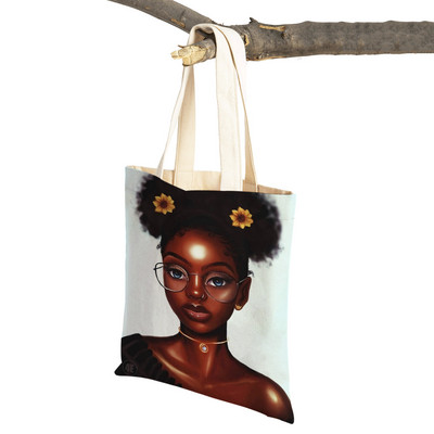 Crna ženska platnena torba za višekratnu upotrebu Modna afrička djevojka s dvostrukim printom, ležerna torba za kupnju za žene
