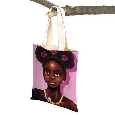 Crna ženska platnena torba za višekratnu upotrebu Modna afrička djevojka s dvostrukim printom, ležerna torba za kupnju za žene