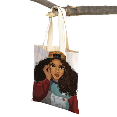 Crna ženska platnena torba za višekratnu upotrebu Modna afrička djevojka s dvostrukim printom, ležerna torba za kupnju za žene