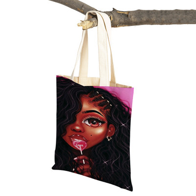 Crna ženska platnena torba za višekratnu upotrebu Modna afrička djevojka s dvostrukim printom, ležerna torba za kupnju za žene