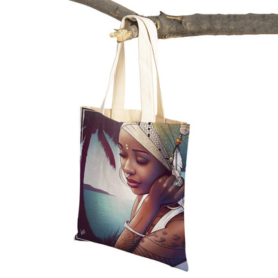 Crna ženska platnena torba za višekratnu upotrebu Modna afrička djevojka s dvostrukim printom, ležerna torba za kupnju za žene