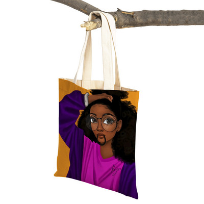 Crna ženska platnena torba za višekratnu upotrebu Modna afrička djevojka s dvostrukim printom, ležerna torba za kupnju za žene