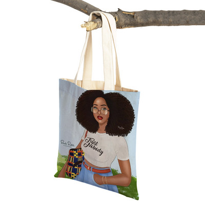 Crna ženska platnena torba za višekratnu upotrebu Modna afrička djevojka s dvostrukim printom, ležerna torba za kupnju za žene