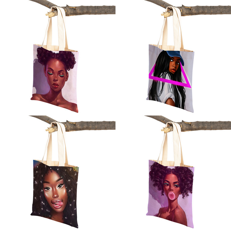 Crna ženska platnena torba za višekratnu upotrebu Modna afrička djevojka s dvostrukim printom, ležerna torba za kupnju za žene