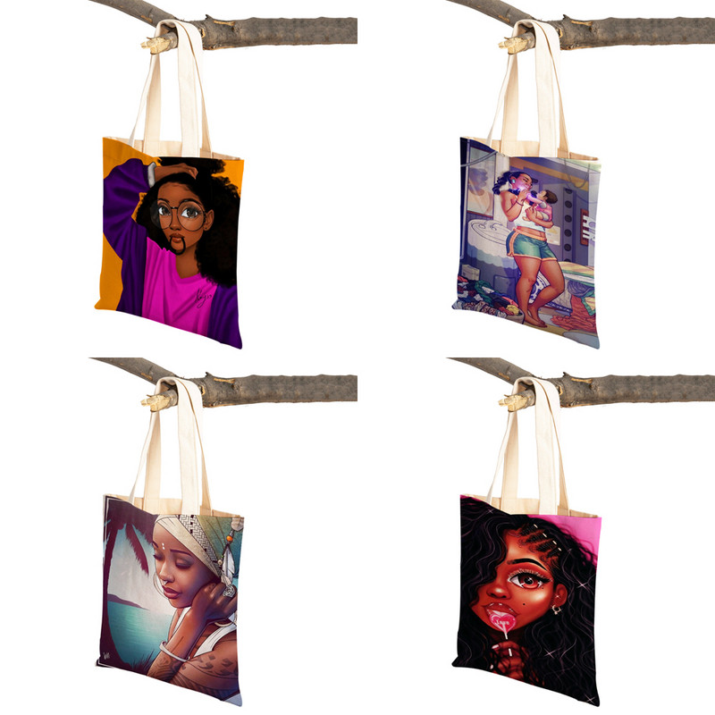 Crna ženska platnena torba za višekratnu upotrebu Modna afrička djevojka s dvostrukim printom, ležerna torba za kupnju za žene