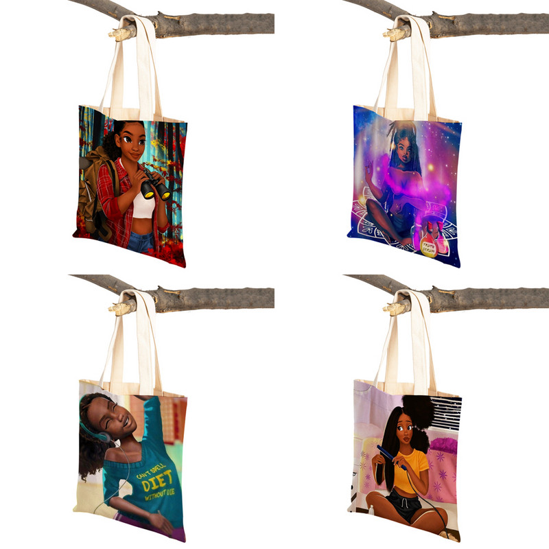 Crna ženska platnena torba za višekratnu upotrebu Modna afrička djevojka s dvostrukim printom, ležerna torba za kupnju za žene