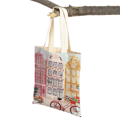 Modna mapa grada London Paris Shopper Bags Tote Lady Handbag Dvostruki otisak Višekratna sklopiva ležerna platnena ženska torba za kupnju