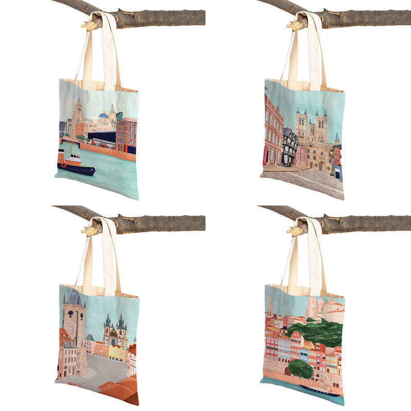 Modna mapa grada London Paris Shopper Bags Tote Lady Handbag Dvostruki otisak Višekratna sklopiva ležerna platnena ženska torba za kupnju