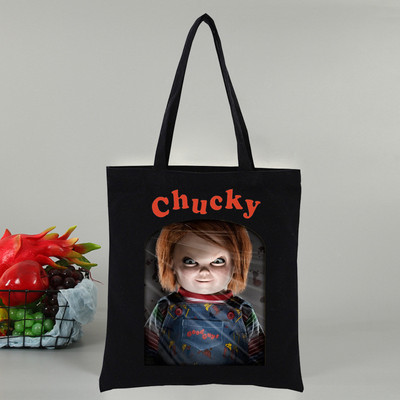 Chucky αποκριάτικες ταινίες τρόμου Γυναικεία τσάντα Shopper Canvas Tote Τσάντες ώμου Τσάντα αγορών Μαύρες υφασμάτινες τσάντες φιλικές προς το περιβάλλον