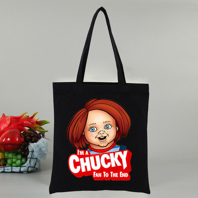 Chucky αποκριάτικες ταινίες τρόμου Γυναικεία τσάντα Shopper Canvas Tote Τσάντες ώμου Τσάντα αγορών Μαύρες υφασμάτινες τσάντες φιλικές προς το περιβάλλον