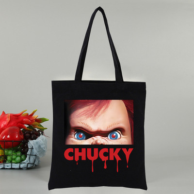 Chucky αποκριάτικες ταινίες τρόμου Γυναικεία τσάντα Shopper Canvas Tote Τσάντες ώμου Τσάντα αγορών Μαύρες υφασμάτινες τσάντες φιλικές προς το περιβάλλον