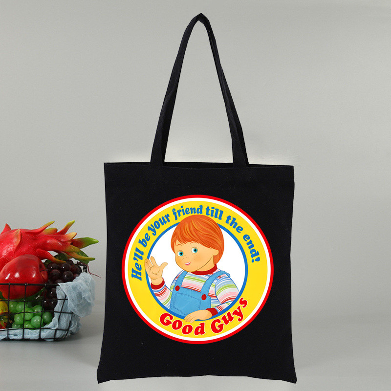 Chucky αποκριάτικες ταινίες τρόμου Γυναικεία τσάντα Shopper Canvas Tote Τσάντες ώμου Τσάντα αγορών Μαύρες υφασμάτινες τσάντες φιλικές προς το περιβάλλον