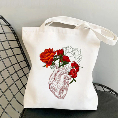 Shopper Ljudsko srce s cvijećem Printed Tote Bag žene Harajuku shopper torba djevojka Torba za kupovinu na rame Ženska platnena torba