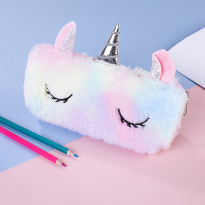 Geantă de papetărie cu unicorn de pluș, cu desene animate, articole de papetărie creative pentru învățare, geantă de depozitare pentru creion kawaii