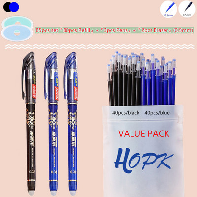 85Pcs/Set Štap gel olovke od plave crne tinte 0,5 mm Izbrisiva šipka za ponovno punjenje Izbrisiva kemijska olovka s perivom drškom Školski pribor za pisanje