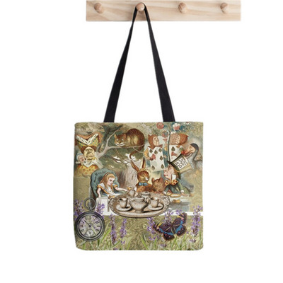 Shopper Alice in Wonderland Tea Party Painted Tote Bag жени Harajuku shopper чанта момиче Пазарска чанта през рамо Дамска платнена чанта