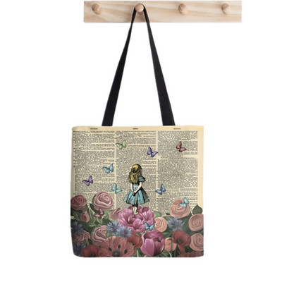 Pirkėjo Alisa Stebuklų Šalyje Arbatos vakarėlis Painted Tote Bag Moterys Harajuku pirkėjo rankinė mergina Pečių pirkinių krepšys Lady Canvas Bag