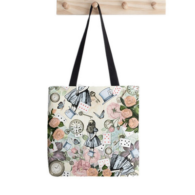 Pirkėjo Alisa Stebuklų Šalyje Arbatos vakarėlis Painted Tote Bag Moterys Harajuku pirkėjo rankinė mergina Pečių pirkinių krepšys Lady Canvas Bag