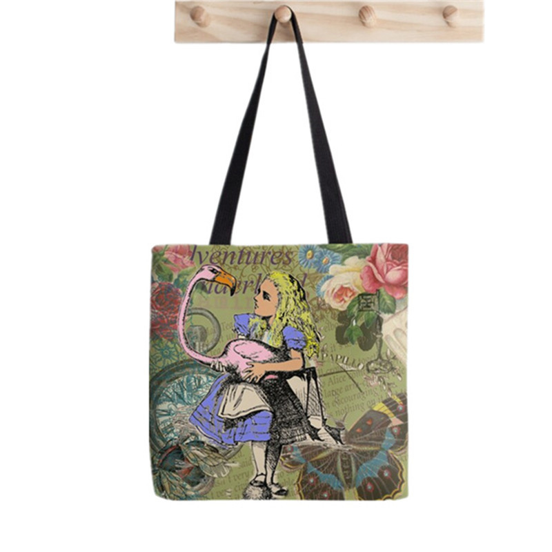 Pirkėjo Alisa Stebuklų Šalyje Arbatos vakarėlis Painted Tote Bag Moterys Harajuku pirkėjo rankinė mergina Pečių pirkinių krepšys Lady Canvas Bag