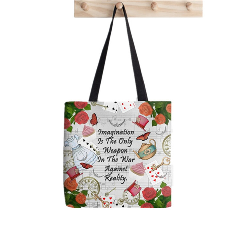 Pirkėjo Alisa Stebuklų Šalyje Arbatos vakarėlis Painted Tote Bag Moterys Harajuku pirkėjo rankinė mergina Pečių pirkinių krepšys Lady Canvas Bag