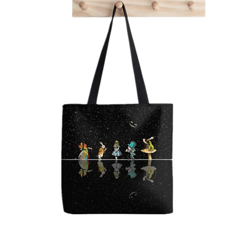 Pirkėjo Alisa Stebuklų Šalyje Arbatos vakarėlis Painted Tote Bag Moterys Harajuku pirkėjo rankinė mergina Pečių pirkinių krepšys Lady Canvas Bag