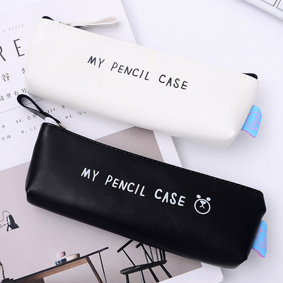 Kawaii Cartoon Triangle My Pencil Case Класическа черно-бяла водоустойчива ученическа канцеларска чанта за химикалка от изкуствена кожа