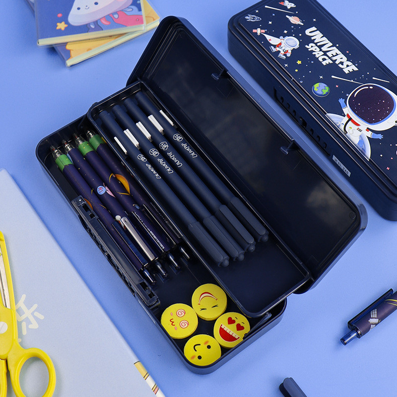 Κουτί χαρτικών με κλειδαριά διπλής στρώσης χαριτωμένο διαστημικό πλαστικό κουτί μολυβιών αστροναύτης σχολείο μαθητής κουτί αποθήκευσης παιδική μολυβοθήκη