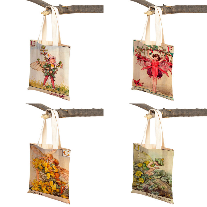 Vintage ziedu multfilmu bērnu rokassomiņa meitenēm ikdienas audekls sievietēm iepirkšanās plecu soma Ziedu elfu pasaka bērniem