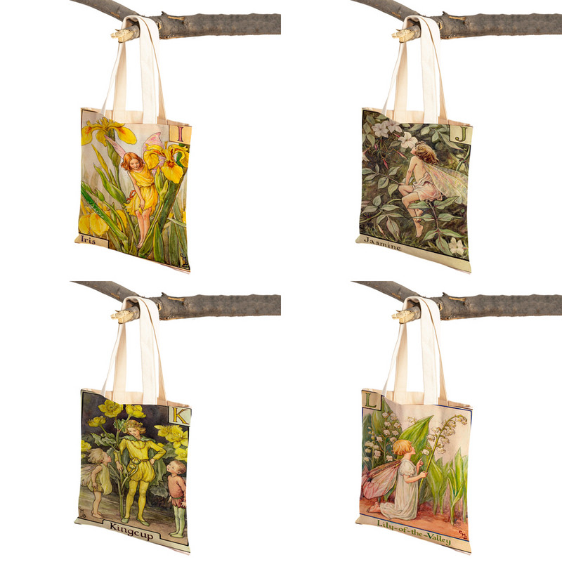 Vintage ziedu multfilmu bērnu rokassomiņa meitenēm ikdienas audekls sievietēm iepirkšanās plecu soma Ziedu elfu pasaka bērniem