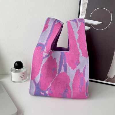 Pletena tkanina Ženska torba Prugasti dizajn Eko mala torba za kupovinu Dekoracija Torbica Kontrastne boje Vunena torbica za žene