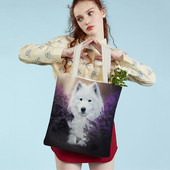 Slatki bijeli pas, samojed, ležerna torba za kupnju, lijepa torbica za višekratnu upotrebu, dvostruka otisnuta životinja, platnena studentska torbica