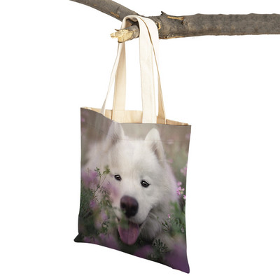 Slatki bijeli pas, samojed, ležerna torba za kupnju, lijepa torbica za višekratnu upotrebu, dvostruka otisnuta životinja, platnena studentska torbica