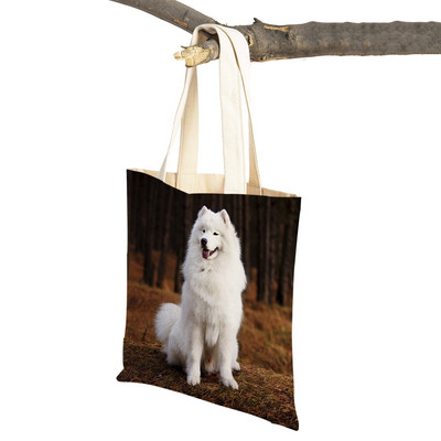 Slatki bijeli pas, samojed, ležerna torba za kupnju, lijepa torbica za višekratnu upotrebu, dvostruka otisnuta životinja, platnena studentska torbica