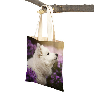 Slatki bijeli pas, samojed, ležerna torba za kupnju, lijepa torbica za višekratnu upotrebu, dvostruka otisnuta životinja, platnena studentska torbica