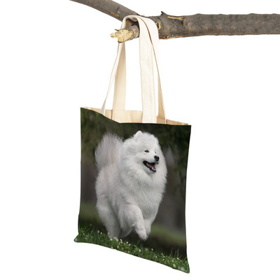 Slatki bijeli pas, samojed, ležerna torba za kupnju, lijepa torbica za višekratnu upotrebu, dvostruka otisnuta životinja, platnena studentska torbica