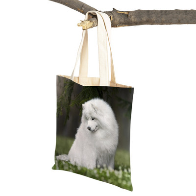 Slatki bijeli pas, samojed, ležerna torba za kupnju, lijepa torbica za višekratnu upotrebu, dvostruka otisnuta životinja, platnena studentska torbica