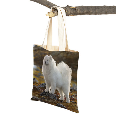 Slatki bijeli pas, samojed, ležerna torba za kupnju, lijepa torbica za višekratnu upotrebu, dvostruka otisnuta životinja, platnena studentska torbica
