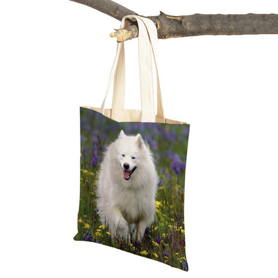 Slatki bijeli pas, samojed, ležerna torba za kupnju, lijepa torbica za višekratnu upotrebu, dvostruka otisnuta životinja, platnena studentska torbica