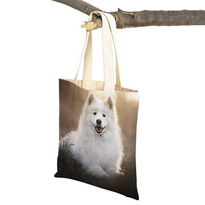 Slatki bijeli pas, samojed, ležerna torba za kupnju, lijepa torbica za višekratnu upotrebu, dvostruka otisnuta životinja, platnena studentska torbica