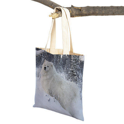 Slatki bijeli pas, samojed, ležerna torba za kupnju, lijepa torbica za višekratnu upotrebu, dvostruka otisnuta životinja, platnena studentska torbica