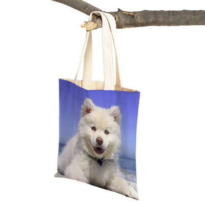Slatki bijeli pas, samojed, ležerna torba za kupnju, lijepa torbica za višekratnu upotrebu, dvostruka otisnuta životinja, platnena studentska torbica