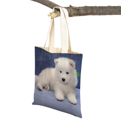 Slatki bijeli pas, samojed, ležerna torba za kupnju, lijepa torbica za višekratnu upotrebu, dvostruka otisnuta životinja, platnena studentska torbica