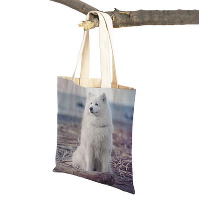 Slatki bijeli pas, samojed, ležerna torba za kupnju, lijepa torbica za višekratnu upotrebu, dvostruka otisnuta životinja, platnena studentska torbica