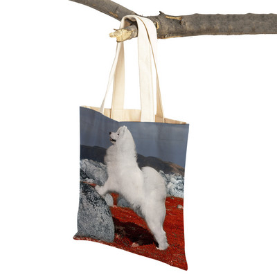 Slatki bijeli pas, samojed, ležerna torba za kupnju, lijepa torbica za višekratnu upotrebu, dvostruka otisnuta životinja, platnena studentska torbica