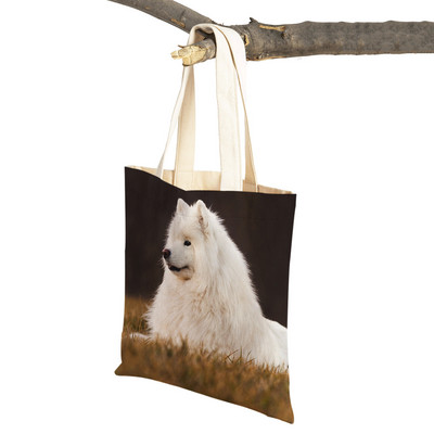 Slatki bijeli pas, samojed, ležerna torba za kupnju, lijepa torbica za višekratnu upotrebu, dvostruka otisnuta životinja, platnena studentska torbica