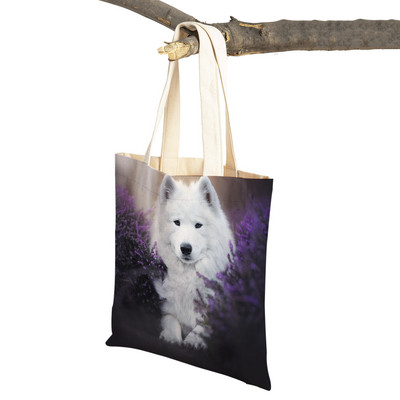 Slatki bijeli pas, samojed, ležerna torba za kupnju, lijepa torbica za višekratnu upotrebu, dvostruka otisnuta životinja, platnena studentska torbica