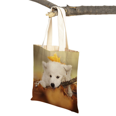 Slatki bijeli pas, samojed, ležerna torba za kupnju, lijepa torbica za višekratnu upotrebu, dvostruka otisnuta životinja, platnena studentska torbica