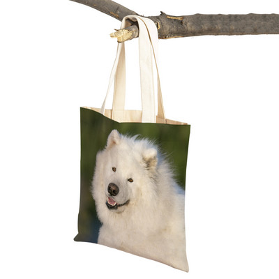 Slatki bijeli pas, samojed, ležerna torba za kupnju, lijepa torbica za višekratnu upotrebu, dvostruka otisnuta životinja, platnena studentska torbica