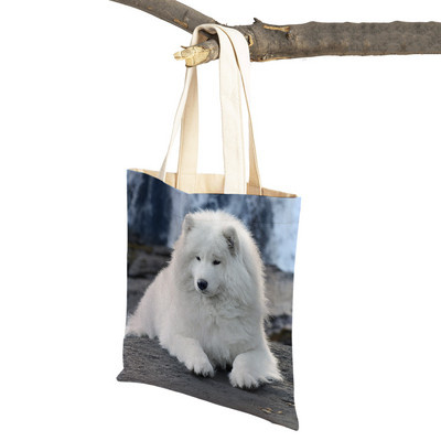 Slatki bijeli pas, samojed, ležerna torba za kupnju, lijepa torbica za višekratnu upotrebu, dvostruka otisnuta životinja, platnena studentska torbica